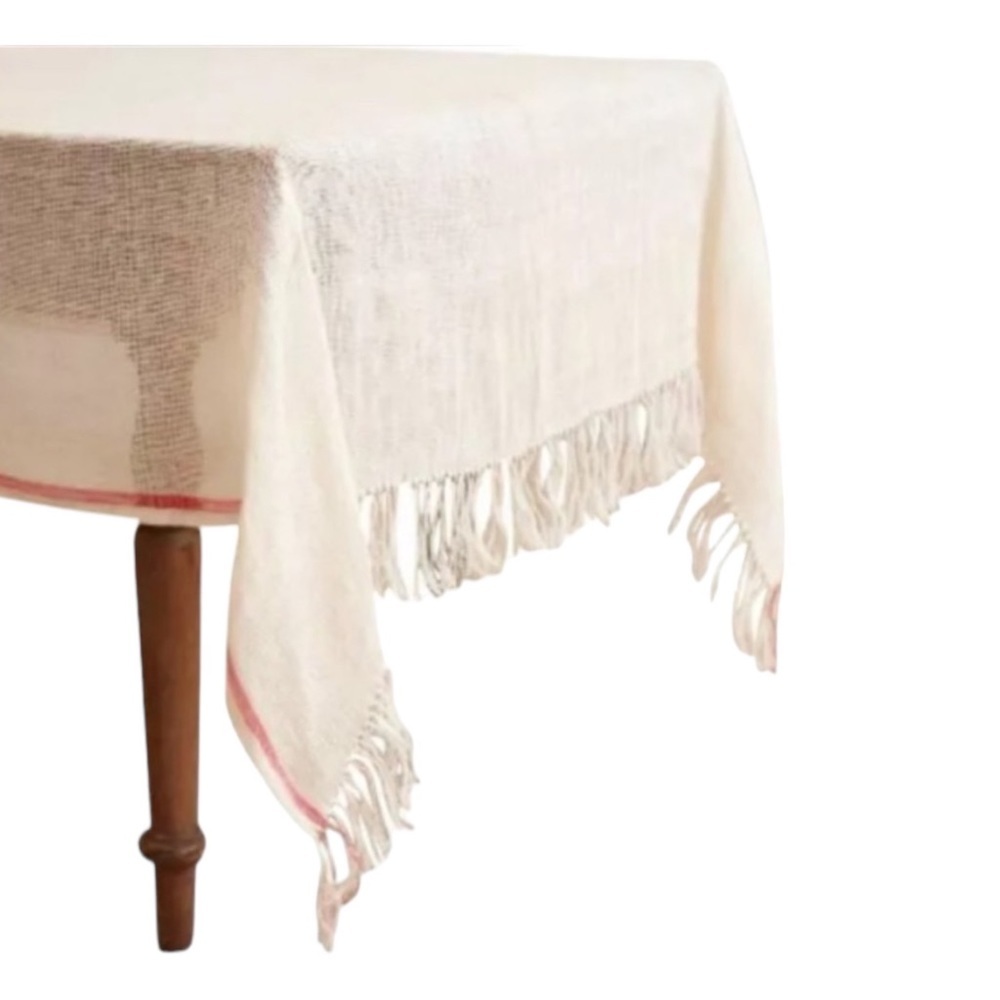 $168 Anthropologie Tablecloth Ivory + Coral Linen 50” x 50” Fringe Detailing NWT
